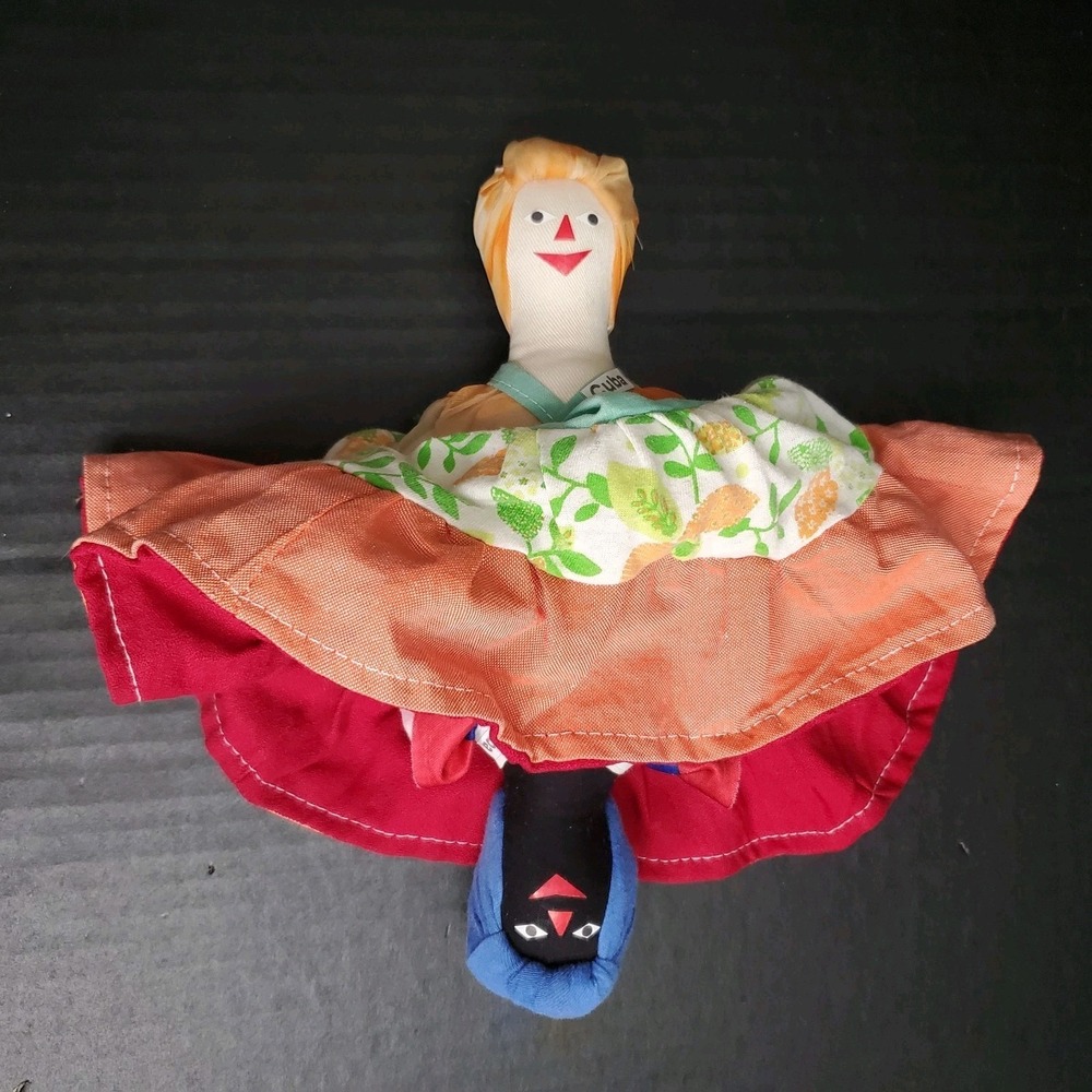 Vintage Topsy Turvy Rag Doll, White/Black W/Turban Cuba Handmade 9" Firm Stuffed